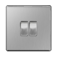 Brushed Steel Screwless 10A 2 Gang 2 Way Plate Switch