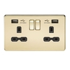 Polished Brass Screwless 13A 2 Gang Switched Socket with Dual 2.4A USB Charging