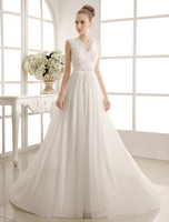 Beach Wedding Dress Chiffon V Neckline Pearls Beaded Lace Ivory Bridal Gown