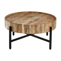 Acton Wooden Coffee Table Round In Natural With Black Iron Legs