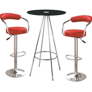 Amber Black Glass Bar Table With 2 Zenith Red Bar Stools