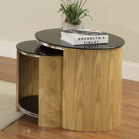 bentwood glass nesting tables in oak and black with chrome frame
