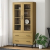 helio solid wood display cabinet in brown with metal legs