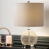 plains grey shade table lamp with chrome wire mesh base