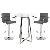 Poseur Bar Table In Clear Glass With 2 Grey Glenn Bar Stools