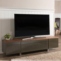 reston large wooden tv stand with glass door in walnut