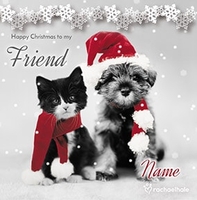Cute Cat & Dog Christmas Card For Friend - Personalised - Square - By Funky Pigeon