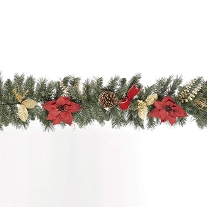 180cm Garland with Burgundy Poinsettias and Gold Pine Cones