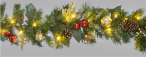180cm Red Ornament Gold Berry PVC Garland With 25 Warm White LEDs