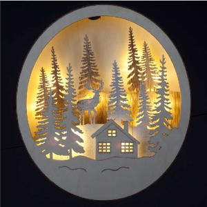 Battery Operated 25cm Hanging Wooden Scene With Trees,  Stag and House Warm White LED