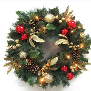 Battery Operated 60cm Red Ornament Gold Berry Wreath With 25 Warm White LEDs