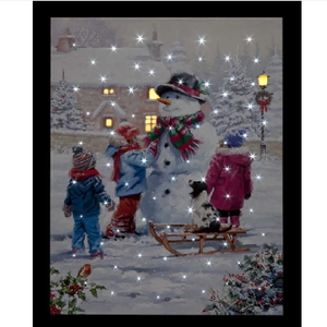 Battery Operated Fibre Optic LED 30x40cm Building Snowman Canvas