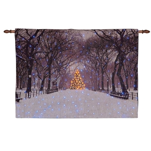 Snowy Tree-Lined Avenue Illuminated Hanging Tapestry