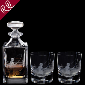 Dartington Engraved Fly Fisherman Decanter & A Pair Of Fly Fisherman Tumblers