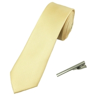 Plain Lemon Textured Mens Skinny Tie with Tie Clip