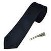 Plain Navy Blue Textured Mens Skinny Tie with Tie Clip