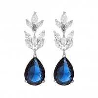 Silver Plated Crystal Leaf And Blue Pear Drop Earring