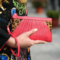 Genuine Leather Leopard Print Pouch Red - One Size