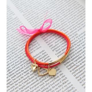 Set of 3: Heart Charm Elastic Cord Bracelet Red - One Size