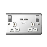 Masterplug Polished Chrome Switched 13A Double Socket + 2 x USB Port - White Insert