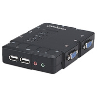 Manhattan KVM Switch Compact 4-Port,  4x USB-A,  Cables included,  Audio Support,  Control 4x computers from one pc/mouse/screen,  Black,  Boxed