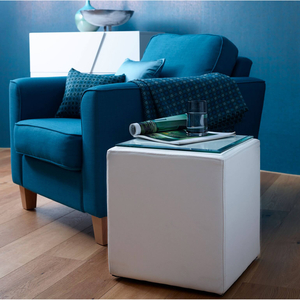 Enzo Stool / Side Table round white leather (Type: Square Side Table (with glass top)