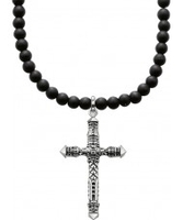 Thomas Sabo Mens Black Obsidian Beaded Necklace with Cross Pendant