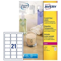 Avery Crystal Clear Labels Laser Durable 21 per Sheet 63.5x38.1mmTransparent Ref L7782-25 [525 Labels]