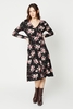Womens Black Floral Wrap Midi Dress