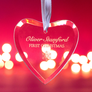 Personalised Hanging Glass Heart Keepsake - First Christmas Snowflake