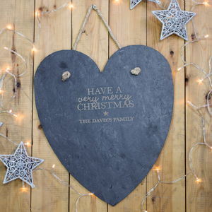 Personalised Hanging Heart Slate Chalk Board - Very Merry Christmas