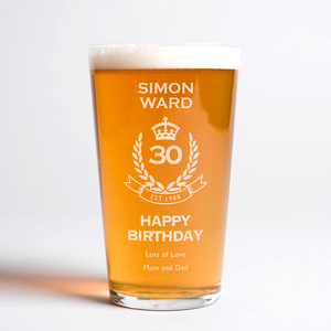 Personalised Pint Glass - 30th Birthday Crest