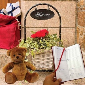 Gift Glowing Greetings Basket Stand With Cyclamen,  LEDs Diary And Teddy