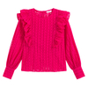 Broderie Anglaise Cotton Blouse with Ruffles and Crew Neck