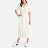 Button-Through Midi Dress in Polka Dot Print with Short Sleeves