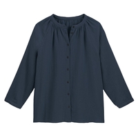 Cotton Gathered Blouse with Round Neck and Long Sleeves
