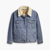 Denim Sherpa Trucker Jacket with Faux Sheepskin Collar and Pockets