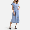 Flared Button-Through Midi Dress in Striped Cotton with Tie-Waist