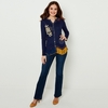Flared Buttoned T-Shirt with Floral Embroidery Long Sleeves