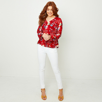 Floral Print Ruffled Blouse with V-Neck