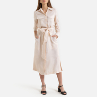 Linen Midi Shirt Dress in Striped Print with Long Sleeves