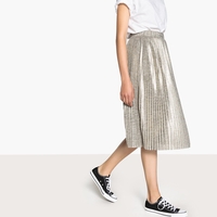 Metallic Pleated Midi Skirt