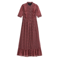 Ruffled Boho Midi Dress in Floral Print with Short Sleeves and Buttons