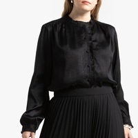 Ruffled Jacquard Blouse with High Neck and Long Sleeves