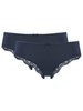 Ladies plain stretch high leg full rear coverage sheer lace trim microfibre briefs - two pack - Navy