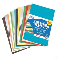 A4 Coloured Card & Paper - 100 sheets of card and paper in Winter and Christmas colours. 50 each of A4 card (220gsm) and paper (80gsm).