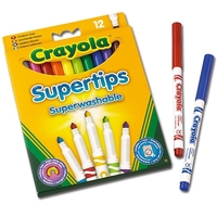 Crayola Supertips - 12 Supertips colouring pens - medium tip for better ink flow and colour lay-down. 12 assorted colours. Washable ink.