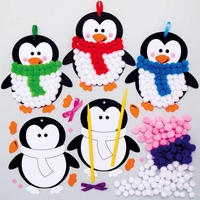 Penguin Pom Pom Art Kits (Pack of 5) Christmas Crafts 6 assorted pom pom colours - Purple,  Pink,  Blue,  Green,  Red & White