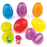 Plastic Eggs - 12 coloured Plastic Easter Eggs,  size 65mm. Fillable Plastic Eggs are empty and in two parts to add treats