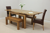 Rustic 4ft 7" Solid Oak Dining Table + 2 x 3ft 7&8221; Benches and 2 x Brown Scroll Back Leather Chairs